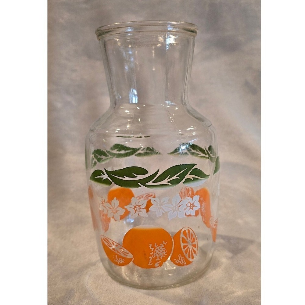 Vintage 1970 Glass Orange Floral Design Juice Carafe Pitcher 7 3/4"
